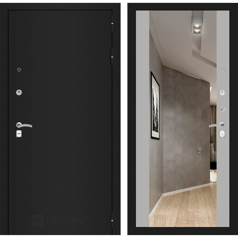 Входная дверь CLASSIC шагрень черная с Зеркалом Максимум - Софт Грей