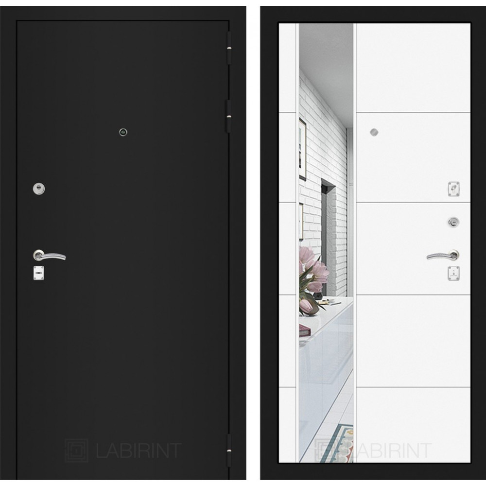 Входная дверь CLASSIC шагрень черная с Зеркалом 19 - Белый софт